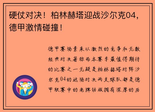 硬仗对决！柏林赫塔迎战沙尔克04，德甲激情碰撞！