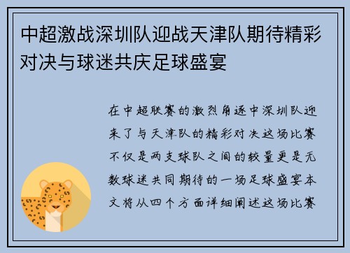 中超激战深圳队迎战天津队期待精彩对决与球迷共庆足球盛宴