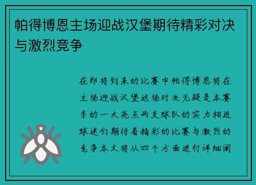 帕得博恩主场迎战汉堡期待精彩对决与激烈竞争